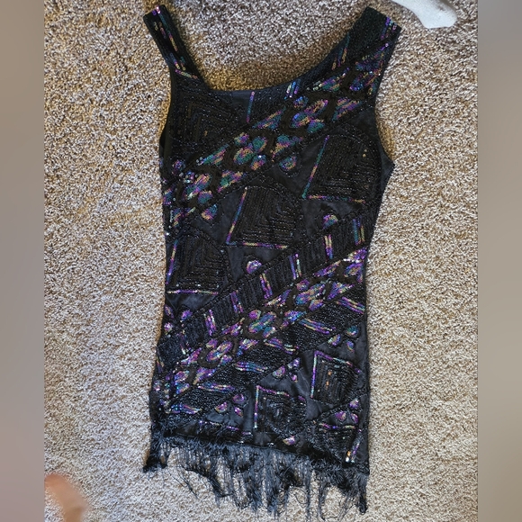 Unique Vintage Dresses & Skirts - Unique Vintage Sequin Fringe Flapper Dress Black, Est. Size 14